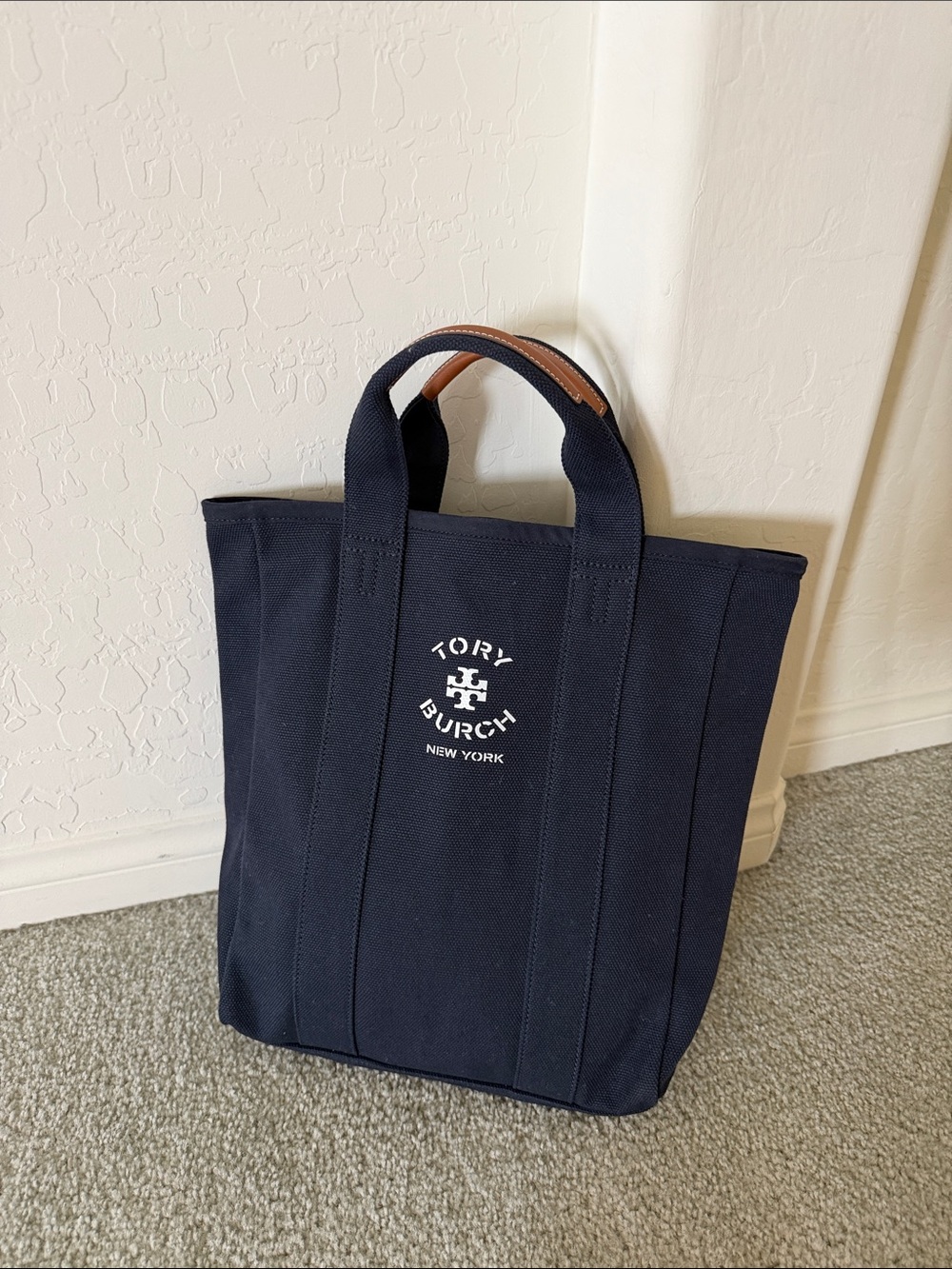 Tory Burch Navy Canvas Mini Tote with Leather Accent